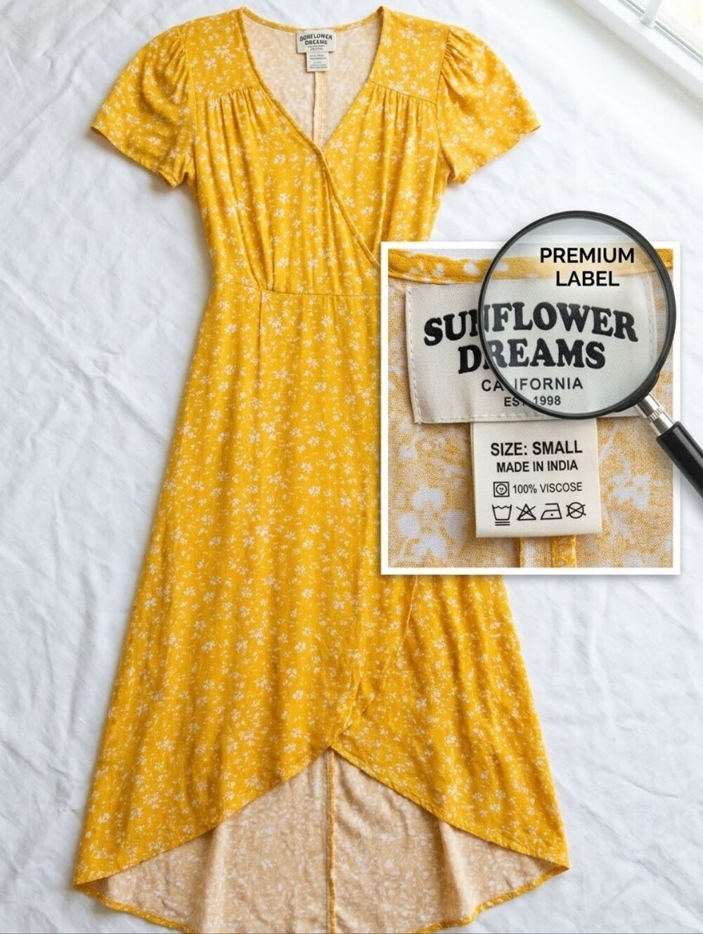 Universal Thread NWT Women Small Yellow Floral High-Low Faux Wrap Midi Dress